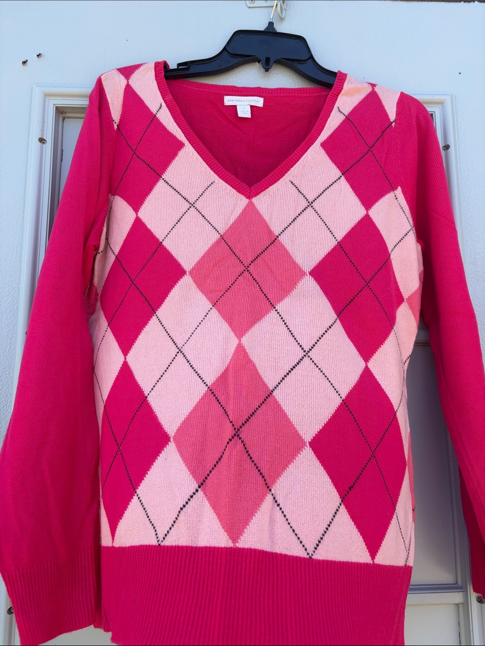 New York & Company Women's V-Neck Argyle Sweater in Hot Pink & Light Pink